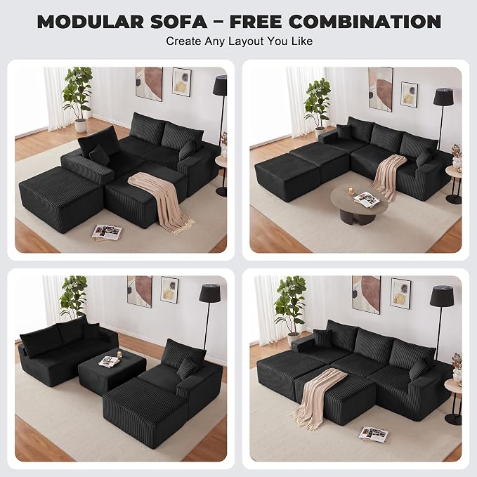 Weture 107" Modular Sectional Sofa, L-Shaped Boneless Couch with Deep Seat, Cozy Cloud Couch Sectional with Convertible Ottoman, Modern Sectional Couches for Living Room（ Black）