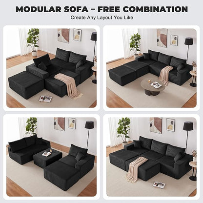 Weture 107" Modular Sectional Sofa, L-Shaped Boneless Couch with Deep Seat, Cozy Cloud Couch Sectional with Convertible Ottoman, Modern Sectional Couches for Living Room（ Black）