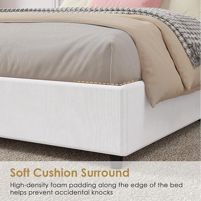 VECELO Full Size Upholstered Bed Frame with 4 Storage Drawers, Adjustable Velvet Rivet Decor Headboard, Wooden Slats Platform Support, No Box Spring Needed, Easy Assembly,White
