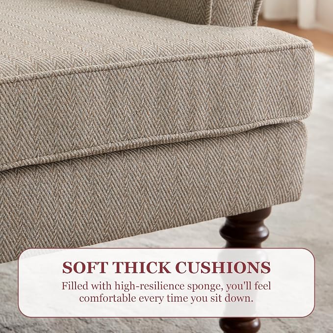 HUIMO Printed Wingback Accent Chair, Linen Upholstered High Back Armchair, Comfy Reading Chair for Living Room Bedroom Study, 300lbs Weight Capacity (2, Brown with Lines)