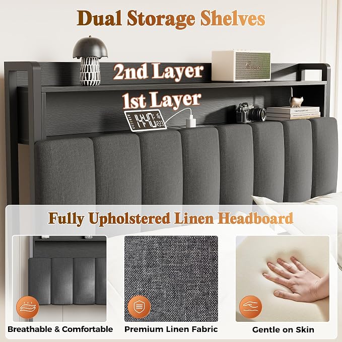PRAISUN Bed Frame Full Size with Upholstered Headboard & Charging Station, Full Size Metal Bed Frame with 4 Storage Drawers, 2-Tier Open Shelves, No Box Spring Needed, Slient Foam Strip, Grey