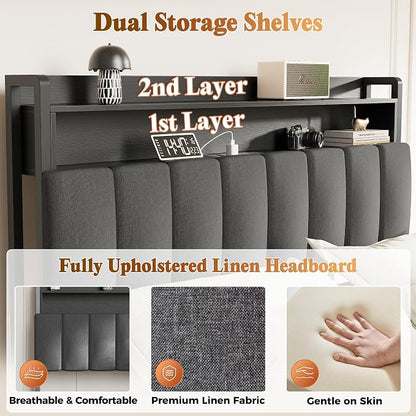PRAISUN Bed Frame Full Size with Upholstered Headboard & Charging Station, Full Size Metal Bed Frame with 4 Storage Drawers, 2-Tier Open Shelves, No Box Spring Needed, Slient Foam Strip, Grey