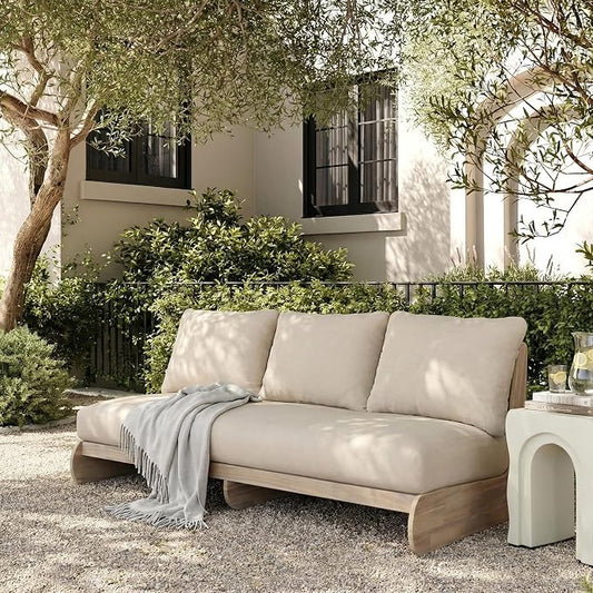 Merax Outdoor Acacia Wood Sofa with All-Weather Cushions, Patio Low 3-Seater Lounge Sofa for Porch, Lawn, Backyard, Balcony, Antique Gray White +Off White