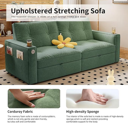 73.2'' Futon Sofa Bed Full Size, Pre-Assembled Pull Out Couch, Adjustable Backrest, Corduroy Convertible Sleeper Sofa, 2 Cup Holders, Pockets, USB, Loveseat for Living Room, Apartment, Green | Soft Material