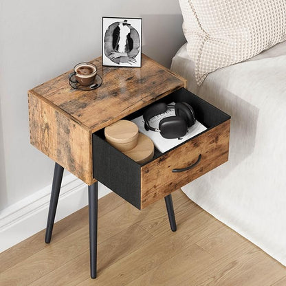 Small Nightstands Set of 2, Bedside Table with Fabric Drawer, Idustrial End Table with Metal Leg, Couch Side Table for Bedroom Living Room, Sofa, Office Rustic Brown LNT504R