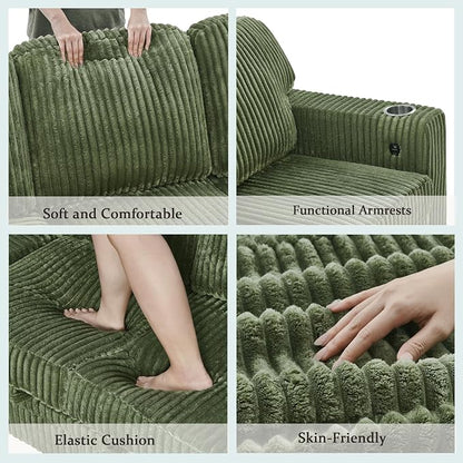 Sectional Sleeper Sofa with Pull Out Bed, Plush Corduroy L-Shaped Couch with Storage, USB Ports, Cup Holders, Comfy Sectional Couches for Living Room, Apartment, Green
