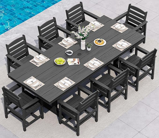 SERWALL 9 Piece 84" HDPE Outdoor Dining Set for 8 with Armchairs and Umbrella Hole, Black