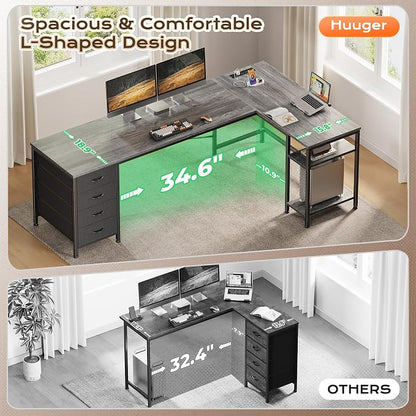 Huuger 63 Inch L Shaped Desk with Fabric Drawers, Reversible Computer Gaming Desk with Power Outlets and USB-C Port, Adjustable Side Storage Shelves, for Work Study Corner Home Office, Grey