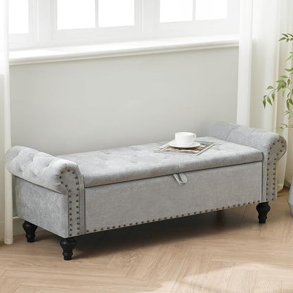 55" Storage Bench for Bedroom, Upholstered Ottoman Bench Chenille LightGray | End of Bed Bench for Bedroom, Window Benches for Living Room, Entryway, Ottoman with Large Storage Space, Pet Friendly