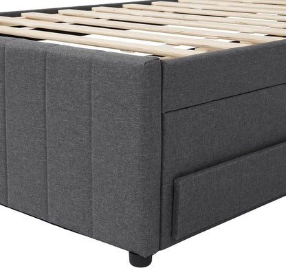 Twin Size Bed Frame with Trundle Bed and Storage Drawers,Linen Upholstered Bed Frame,Twin Size Trundle Bed with Adjustable Headboard,Upholstered Platform Bed Twin for Kids Teens Adults,Gray