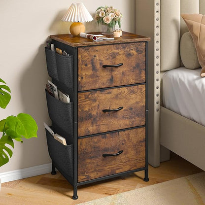 Night Stand Set 2,Night Stand with Drawers for Bedroom,Bedside Table with Wooden Top,Sturdy Steel Frame End Table,Dorm Small Nightstand for Bedroom,Entryway,Hallway,Cloth Bags,Hooks,Rustic Brown