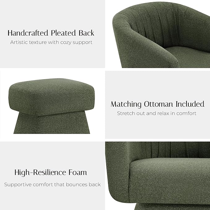 Zerel's Home Swivel Accent Chair with Ottoman, Upholstered Barrel Accent Chair, Modern Accent Chair with Pleated Backrest and Arms, Boucle Armchair for Living Room Bedroom, Green