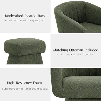 Zerel's Home Swivel Accent Chair with Ottoman, Upholstered Barrel Accent Chair, Modern Accent Chair with Pleated Backrest and Arms, Boucle Armchair for Living Room Bedroom, Green