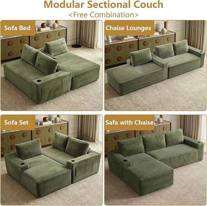 104" Cloud Sectional Couch L-Shaped with Side Pockets Cup Holders, Corduroy Boneless Couch for Living Room,Upholstered Deep-Seat Modular Sectional Sofa, No Assembly Required (Green,Left Facing Chaise)