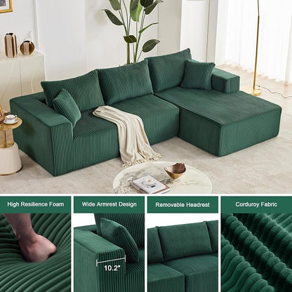 Weture 108” Modular Sectional Sofa, Cloud Sectional Couch with Deep Seat, Modern Modular L-Shape Sofa with Chaise,Upholstered Boneless Couches for Living Room Bedroom (Corduroy, Green)