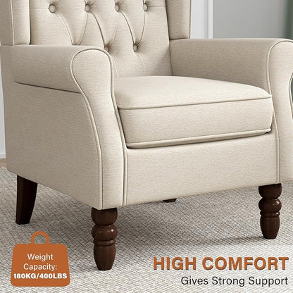High Back Accent Chair, High Wingback Chair for Living Room, Button-Tufted Upholstered Armchair with Solid Wood Legs, Comfy Club Chair Reading Chair for Bedroom, Beige