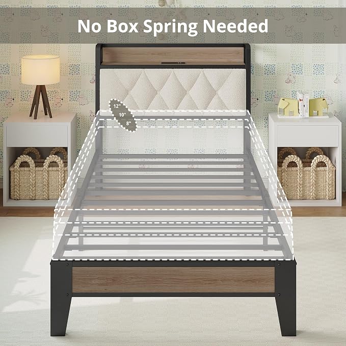 ANCTOR Twin XL Bed Frame, Storage Headboard with Charging Station, Platform Bed Frame with Strong Metal Support, Sturdy and Stable, Noise Free, No Box Spring Needed, Easy Assembly, Wood and Cream