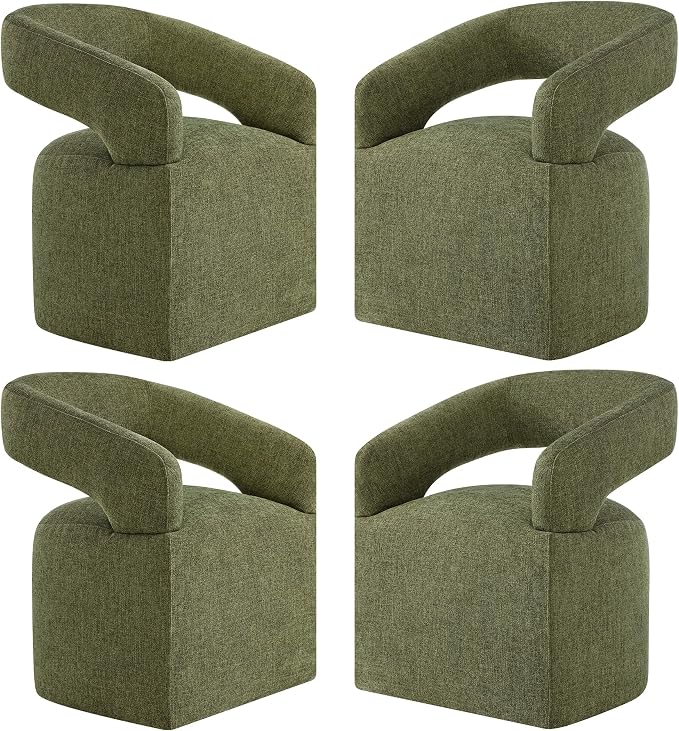 KISLOT Upholstered Dining Chairs Set of 4, Modern Rolling Dining Chairs with Hidden Casters, Arm Kitchen Chairs with Linen Look Fabric, Padded Barrel Chairs for Dining Room, Kitchen, Bedroom, Green