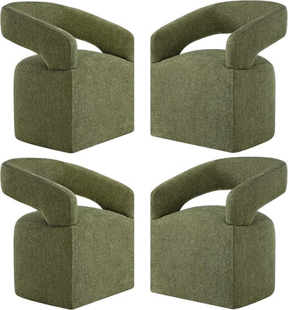 KISLOT Upholstered Dining Chairs Set of 4, Modern Rolling Dining Chairs with Hidden Casters, Arm Kitchen Chairs with Linen Look Fabric, Padded Barrel Chairs for Dining Room, Kitchen, Bedroom, Green