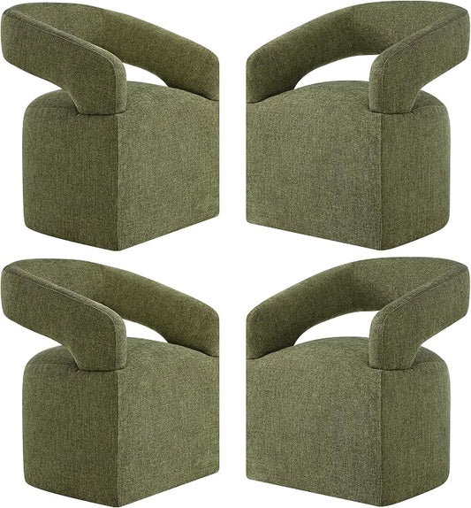 KISLOT Upholstered Dining Chairs Set of 4, Modern Rolling Dining Chairs with Hidden Casters, Arm Kitchen Chairs with Linen Look Fabric, Padded Barrel Chairs for Dining Room, Kitchen, Bedroom, Green