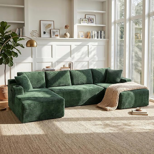 Boneless Couch, 127" Sofas for Living Room, U Shaped Couch with Chaise | Sectional Sofa, Cloud Couch Sectional with Cup Holders and Storage, Cloud Sofa with Deep Seat, Green, Corduroy, No Assembly