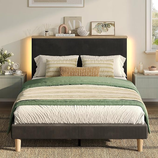 Bestier Queen Bed Frame with Adjustable Headboard & LED Lighting, Corduroy Upholstered Platform Bed Frame with Storage Shelf, Solid Wood Slats, No Box Spring Needed, Never Squeak, Easy Assembly, Black