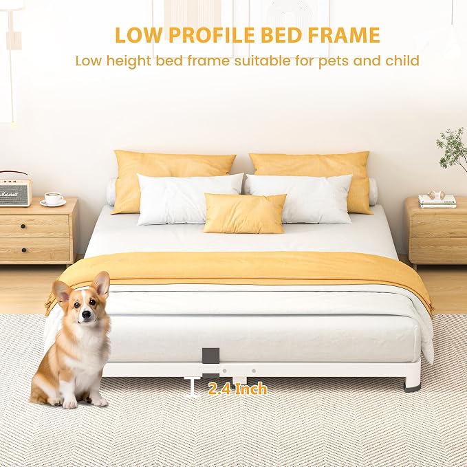 4 Inch King Bed Frame, Metal Platform Bed Frame with Round Corner Legs, 3500 lbs Heavy Duty Steel Slats Support, No Box Spring Needed, Noise Free, Easy Assembly, White