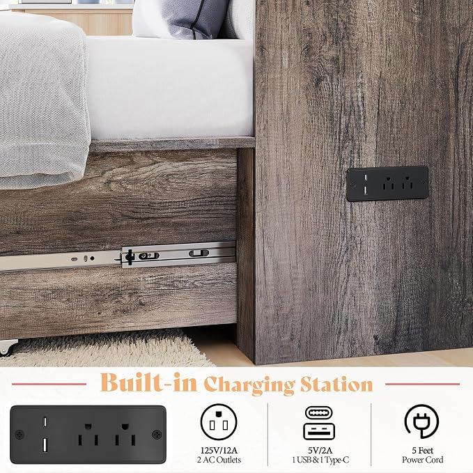 AMERLIFE Twin Murphy Bed Cabinet with Charging Station and Storage Drawer, Farmhouse Foldable Platform Bed for Home Office, Apartment, Small Spaces, Rustic Grey