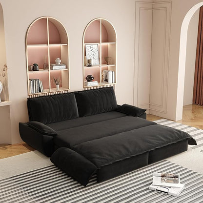 73.2" Sleeper Sofa Bed Queen, 3-in-1 Convertible Couch, Modern Pull Out Couches, Comfy Velvet Futon Sofa, Cloud Loveseat Lounge, Pillow Arm, for Small Spaces, Apartment, Living Room, Black
