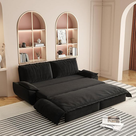 73.2" Sleeper Sofa Bed Queen, 3-in-1 Convertible Couch, Modern Pull Out Couches, Comfy Velvet Futon Sofa, Cloud Loveseat Lounge, Pillow Arm, for Small Spaces, Apartment, Living Room, Black