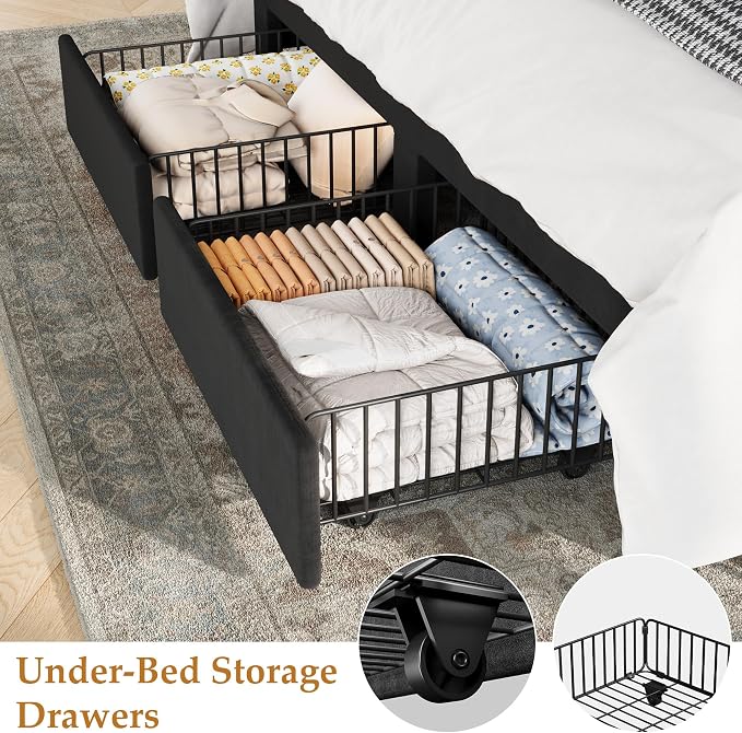 IDEALHOUSE Full Bed Frame with Wingback Headboard, Velvet Upholstered Platform Bed with 2 Storage Drawers, Vertical Tufted Headboard Design, Wooden Slats Support, No Box Spring Needed, Black