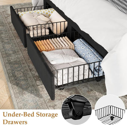 GAOMON Full Size Upholstered Platform Bed Frame with 2 Under-Bed Storage Drawers, Velvet Wingback Headboard, No Box Spring Needed, Sturdy & Noise-Free, Black