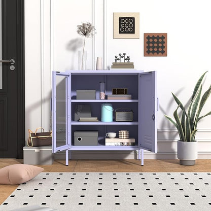 Purple Lockable Glass & Metal Door Storage Cabinet, 3-Tier Freestanding Locker Organizer with 2 Adjustable Shelves, Multipurpose Unit for Home, Entryway, Hallway, 33" H x 29.5" W x 13.8" D