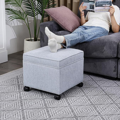 Adeco 17.5 inch Square Storage Ottoman with Wheels & Flip Top Lid, Upholstered Linen Foot Rest Stool, Small Coffee Table for Living Room & Bedroom, Ice Blue