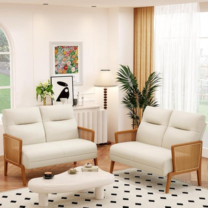 Love Seat Settee Mini Couch Upholstered Sofa with Natural Rattan Armrest Backrest Couch Bench Loveseat for Living Room Bedroom Beige