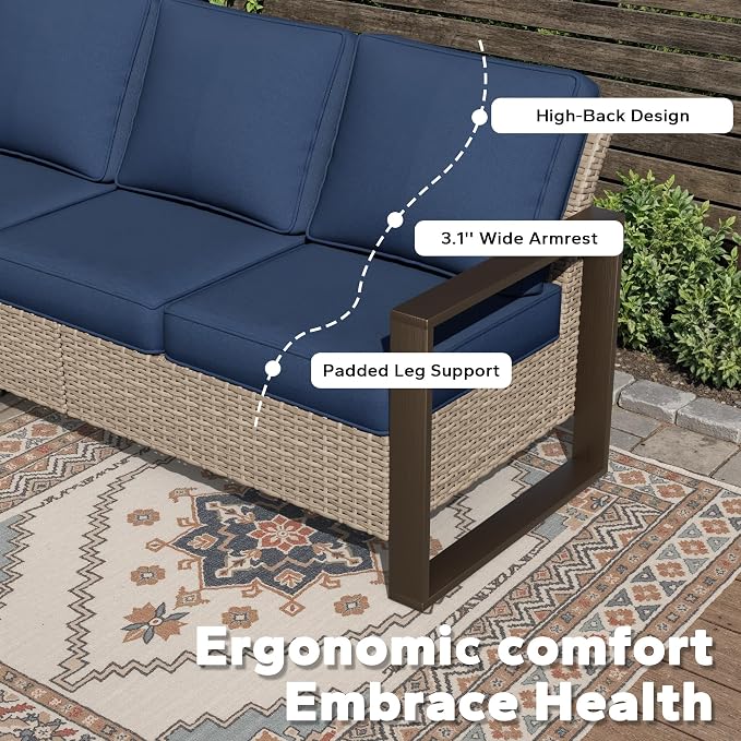 Joyside Outdoor Patio Sofa, 4 Pieces Wicker Rattan Furniture Set, 1 Patio Couch and 2 Ottoman, Metal Wide Armrest, Thick Cushions and Deep Seating for Garden, Backyard, Porch, Deck