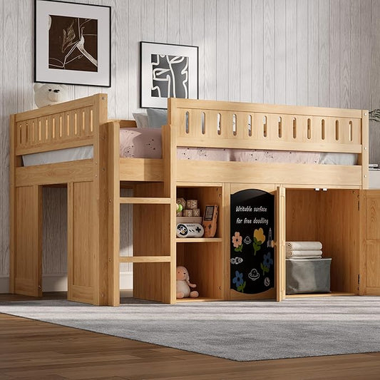 Full Size Loft Bed with Storage Cabinet & Chalkboard Panel, Wood Loft Bed Frame, Space-Saving Design, Natural