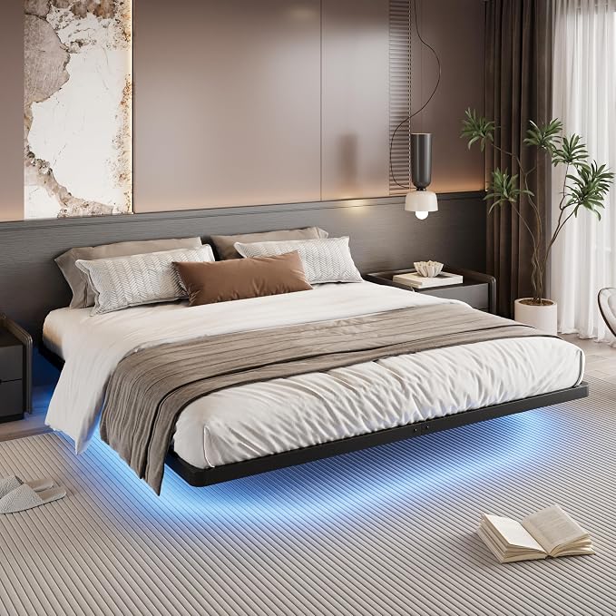 SHA CERLIN King Size Floating Bed Frame with Smart LED Lights, Black | Modern Design Metal Platform Bed with Power Strip, No Box Spring Needed, Noise-Free, Easy Assembly
