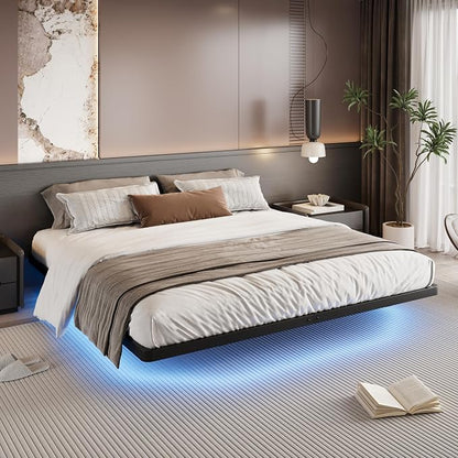 SHA CERLIN King Size Floating Bed Frame with Smart LED Lights, Black | Modern Design Metal Platform Bed with Power Strip, No Box Spring Needed, Noise-Free, Easy Assembly