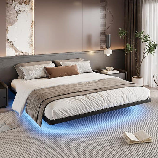 SHA CERLIN King Size Floating Bed Frame with Smart LED Lights, Black | Modern Design Metal Platform Bed with Power Strip, No Box Spring Needed, Noise-Free, Easy Assembly