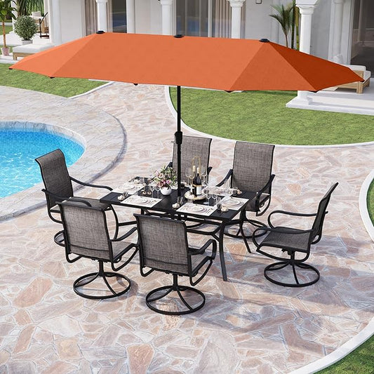 PHI VILLA 8 Piece Outdoor Dining Set with 13ft Patio Orange Red Umbrella, 6 Swivel Textilene Fabric Dining Chairs & 1 Large Metal Table for Garden Backyard Poolside Deck (No Umbrella Base)