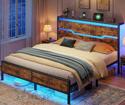Homkdom Queen Bed Frame with USB Ports & LED Lights, Headboard Shelf, Heavy Duty Metal Platform with 10.24" Underbed Storage, Noise-Free Slats, No Box Spring Needed, Modern Brown