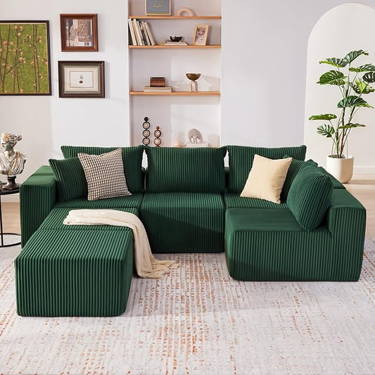 Weture 135.4" Cloud Couch Sectional, Modular Sectional Sofa with Deep Seat, Plush Corduroy U Shaped Boneless Couch, Convertible Sectional Couches for Living Room, 6Seat, Green
