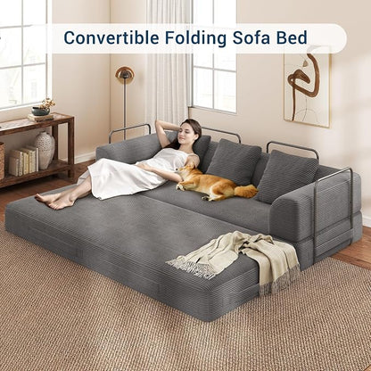 89" Cloud Boneless Convertible Sofa Bed, 5-in-1 Foldable Compressed High-Density Sponge Sofa, Corduroy Fabric 3 Seater Sleeper Couch Futon Daybed for Living Room Bedroom (Medium Gray)