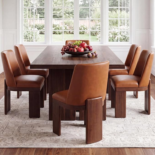 RIVOVA Upholstered Dining Chairs Set of 6, Modern Wooden Dining Room Chair PU Leather Kitchen Chairs Farmhouse Dinner Chair, Brown