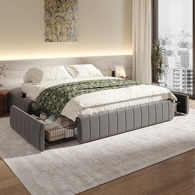 SHA CERLIN Full Size Velvet Upholstered Platform Bed Frame with 4 Storage Drawers, Vertical Channel Tufted, Low Profile, Fits Standard Headboards, Wooden Slats Support, Easy Assembly, Grey