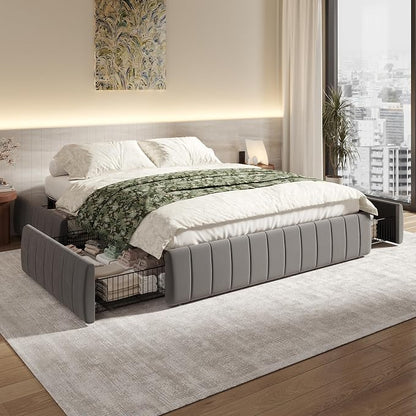 SHA CERLIN Queen Size Velvet Upholstered Platform Bed Frame with 4 Storage Drawers, Vertical Channel Tufted, Low Profile, Fits Standard Headboards, Wooden Slats Support, Easy Assembly, Grey