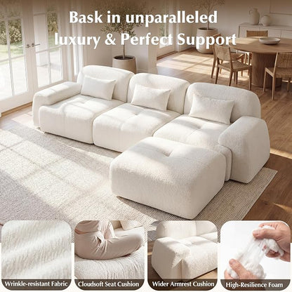 118'' Modular Sectional Cloud Couch Boneless Couches, Oversize Curved Sectional Couches for Living Room, Deep Seat Couch Lambswool Sofa with Ottoman & Throw Pillows, No Assembly, HR Foam