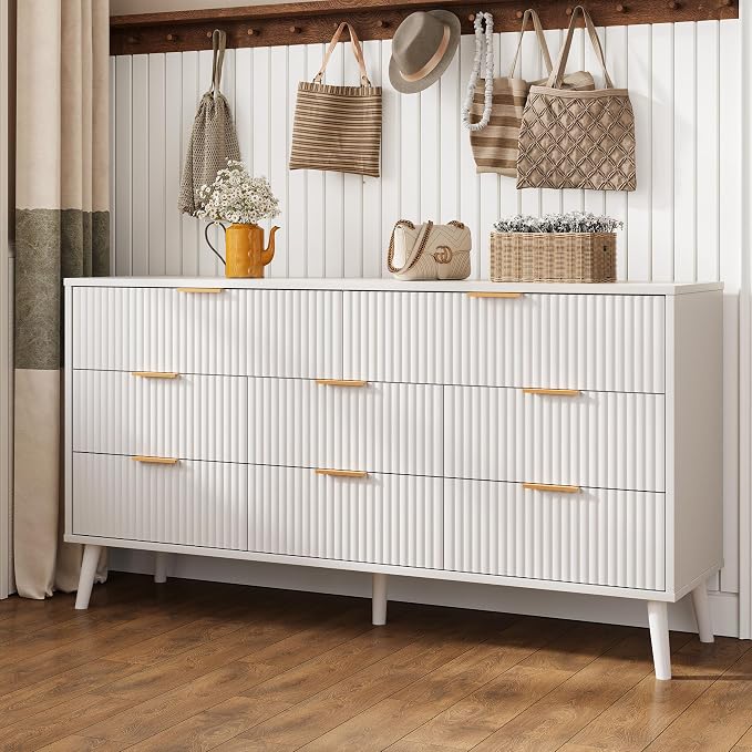 Fluted Dresser for Bedroom with 8 Drawers, Wooden Dresser with Metal Handle, White Dresser for Bedroom, Wood Closet for Hallway, Modern Storage Organizer for Living Room BDR104WW