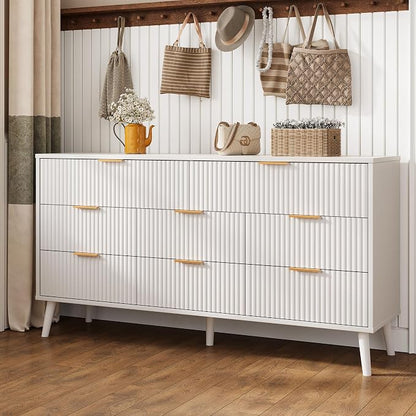 Fluted Dresser for Bedroom with 8 Drawers, Wooden Dresser with Metal Handle, White Dresser for Bedroom, Wood Closet for Hallway, Modern Storage Organizer for Living Room BDR104WW